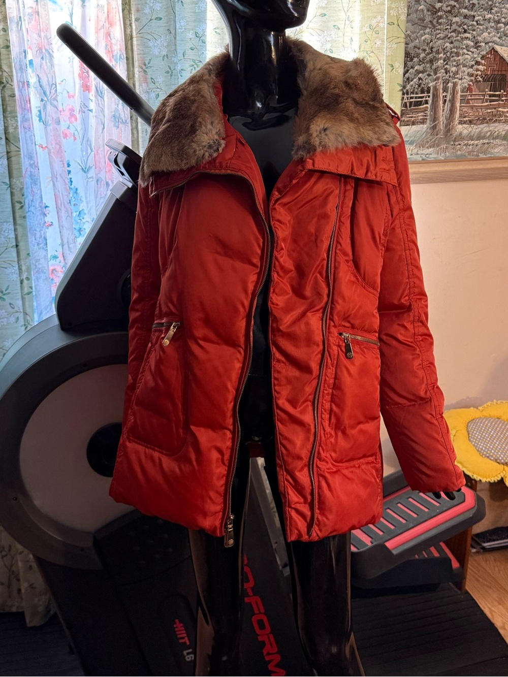 Women’s Red Puffer Jacket with Faux Fur Collar